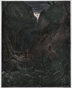 Infierno, Canto 1: El león confronta repentinamente a Dante, ilustración de La Divina Comedia de Dante Alighieri, 1885 de Gustave after Dore